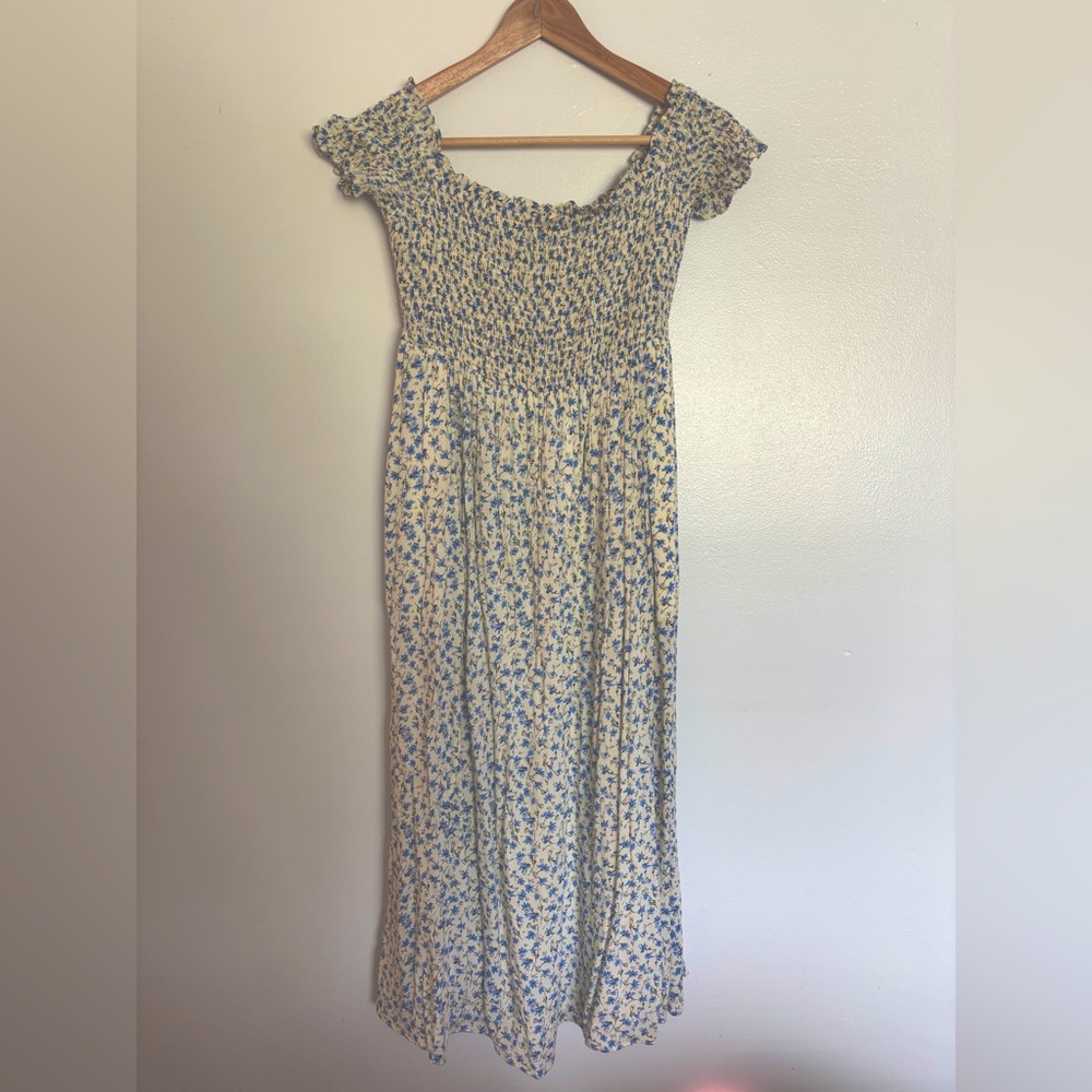 Urban Outfitters Cream and Blue Smocked Midi Dress